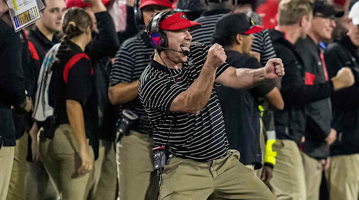 Kirby Smart celebrates Georgia’s win vs. Tennessee.